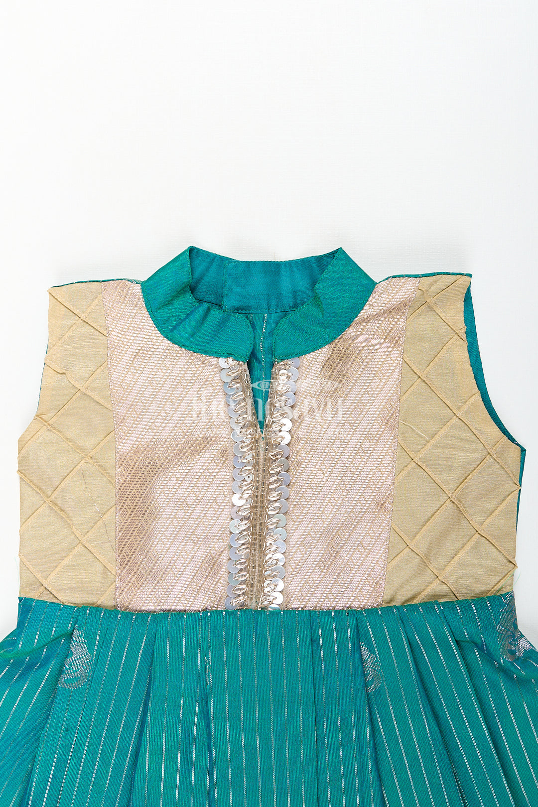 The Nesavu Girls Kanchi Silk Frock Girls Kanchivaram Silk Small Border Silk Frock with Green Waist and Pintuck Embellished Yoke Nesavu Nesavu Girls Small Border Silk Frock Kanchivaram Silk Pintuck Yoke Green Highlights