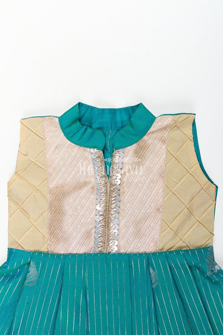 The Nesavu Girls Kanchi Silk Frock Girls Kanchivaram Silk Small Border Silk Frock with Green Waist and Pintuck Embellished Yoke Nesavu Nesavu Girls Small Border Silk Frock Kanchivaram Silk Pintuck Yoke Green Highlights