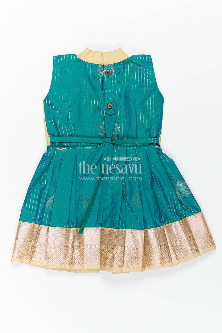 The Nesavu Girls Kanchi Silk Frock Girls Kanchivaram Silk Small Border Silk Frock with Green Waist and Pintuck Embellished Yoke Nesavu Nesavu Girls Small Border Silk Frock Kanchivaram Silk Pintuck Yoke Green Highlights