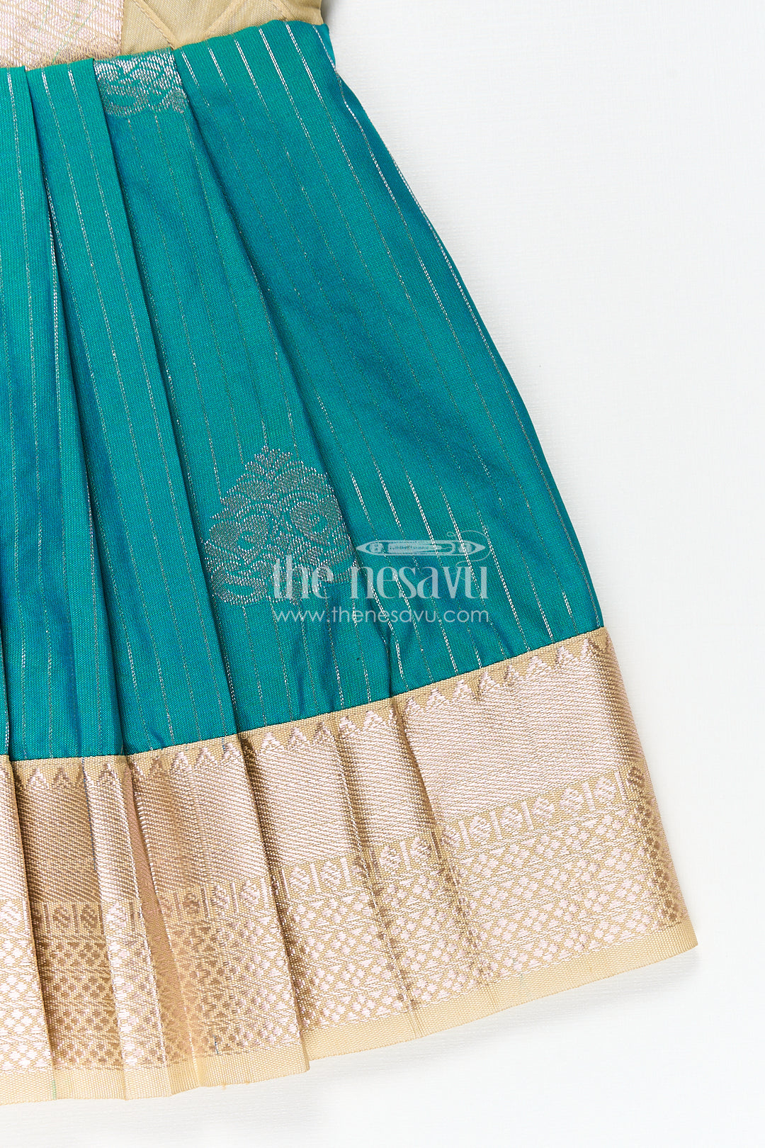 The Nesavu Girls Kanchi Silk Frock Girls Kanchivaram Silk Small Border Silk Frock with Green Waist and Pintuck Embellished Yoke Nesavu Nesavu Girls Small Border Silk Frock Kanchivaram Silk Pintuck Yoke Green Highlights