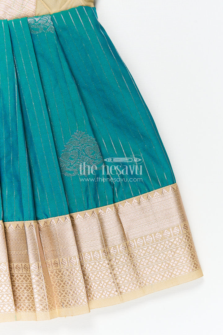 The Nesavu Girls Kanchi Silk Frock Girls Kanchivaram Silk Small Border Silk Frock with Green Waist and Pintuck Embellished Yoke Nesavu Nesavu Girls Small Border Silk Frock Kanchivaram Silk Pintuck Yoke Green Highlights