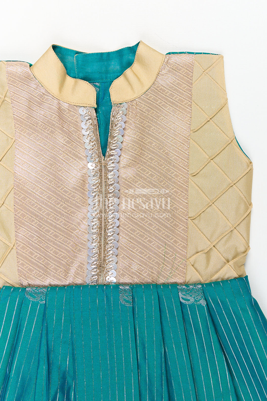 The Nesavu Girls Kanchi Silk Frock Girls Kanchivaram Silk Small Border Silk Frock with Green Waist and Pintuck Embellished Yoke Nesavu Nesavu Girls Small Border Silk Frock Kanchivaram Silk Pintuck Yoke Green Highlights