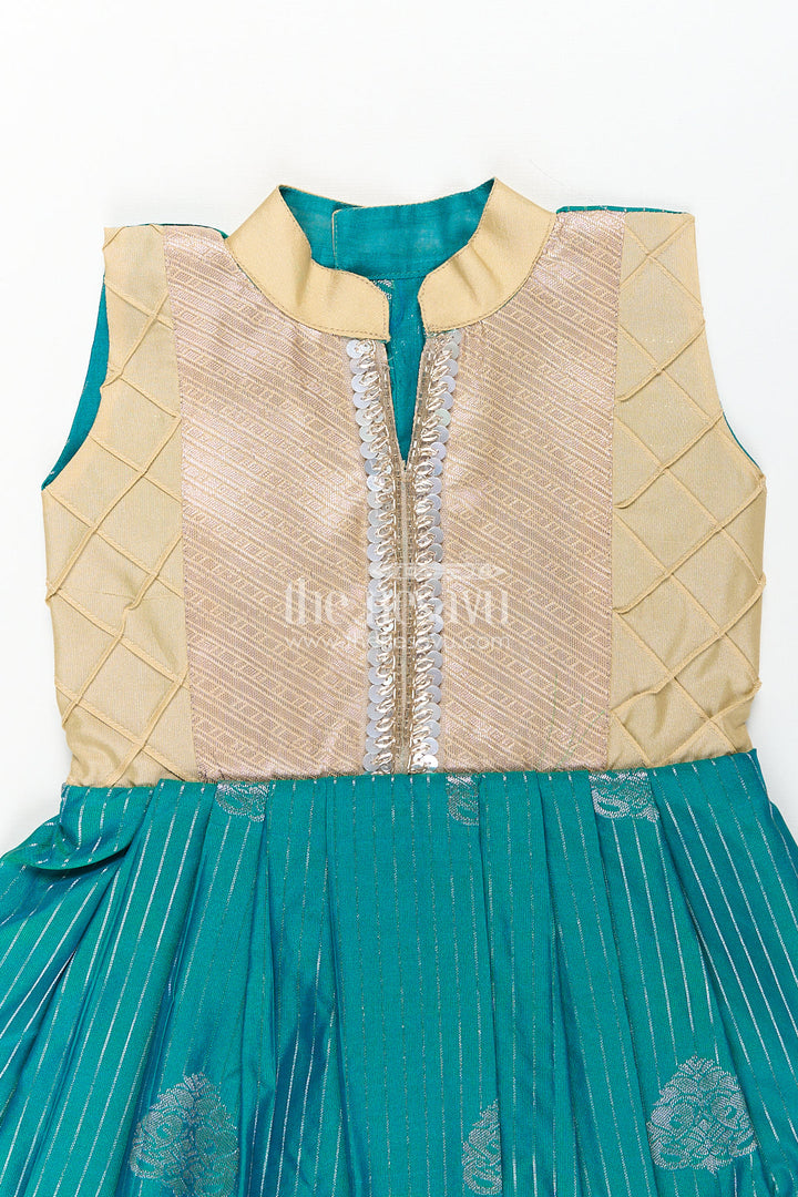 The Nesavu Girls Kanchi Silk Frock Girls Kanchivaram Silk Small Border Silk Frock with Green Waist and Pintuck Embellished Yoke Nesavu Nesavu Girls Small Border Silk Frock Kanchivaram Silk Pintuck Yoke Green Highlights
