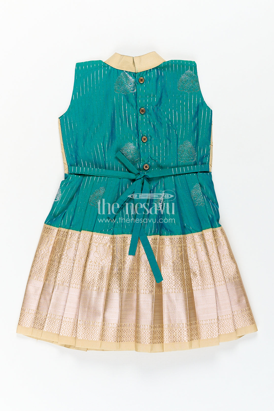 The Nesavu Girls Kanchi Silk Frock Girls Kanchivaram Silk Small Border Silk Frock with Green Waist and Pintuck Embellished Yoke Nesavu Nesavu Girls Small Border Silk Frock Kanchivaram Silk Pintuck Yoke Green Highlights