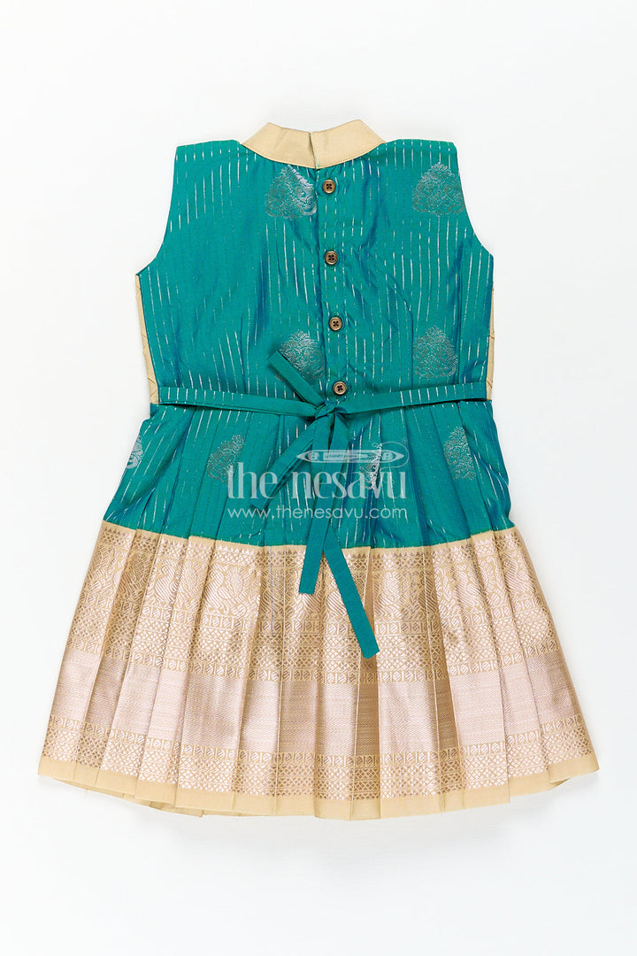 The Nesavu Girls Kanchi Silk Frock Girls Kanchivaram Silk Small Border Silk Frock with Green Waist and Pintuck Embellished Yoke Nesavu Nesavu Girls Small Border Silk Frock Kanchivaram Silk Pintuck Yoke Green Highlights