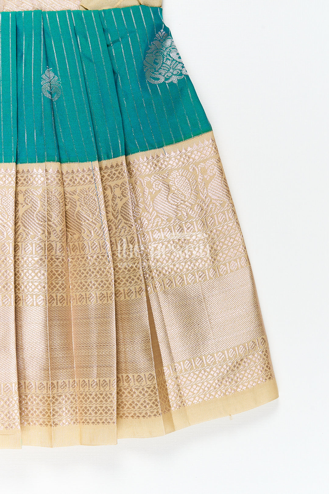 The Nesavu Girls Kanchi Silk Frock Girls Kanchivaram Silk Small Border Silk Frock with Green Waist and Pintuck Embellished Yoke Nesavu Nesavu Girls Small Border Silk Frock Kanchivaram Silk Pintuck Yoke Green Highlights