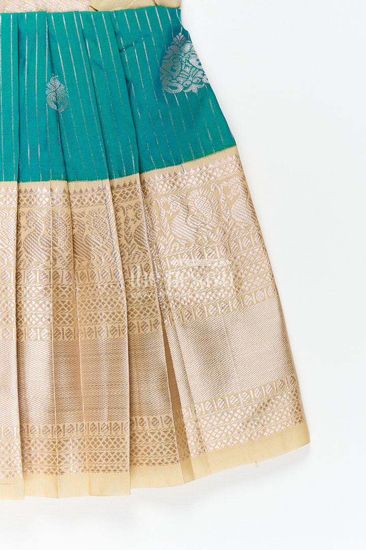 The Nesavu Girls Kanchi Silk Frock Girls Kanchivaram Silk Small Border Silk Frock with Green Waist and Pintuck Embellished Yoke Nesavu Nesavu Girls Small Border Silk Frock Kanchivaram Silk Pintuck Yoke Green Highlights