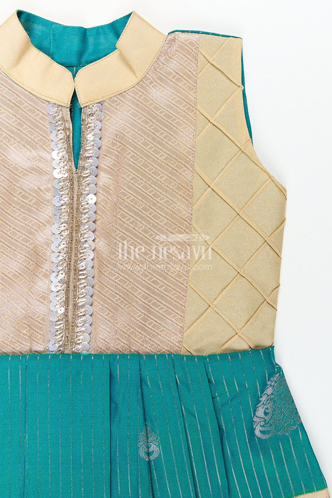 The Nesavu Girls Kanchi Silk Frock Girls Kanchivaram Silk Small Border Silk Frock with Green Waist and Pintuck Embellished Yoke Nesavu Nesavu Girls Small Border Silk Frock Kanchivaram Silk Pintuck Yoke Green Highlights