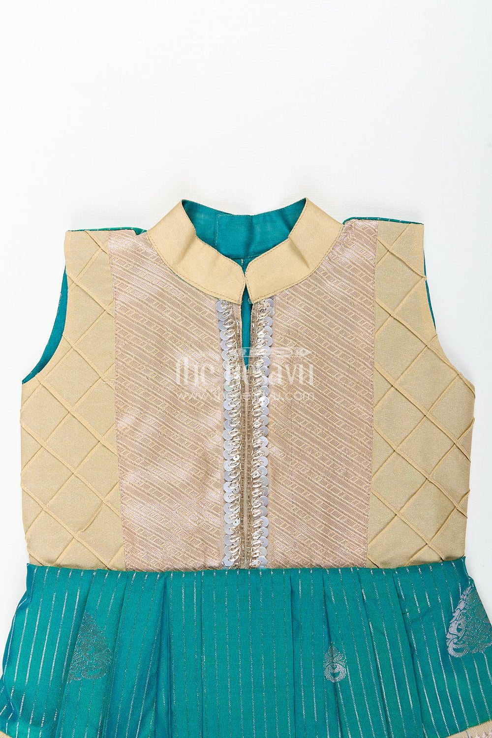 The Nesavu Girls Kanchi Silk Frock Girls Kanchivaram Silk Small Border Silk Frock with Green Waist and Pintuck Embellished Yoke Nesavu Nesavu Girls Small Border Silk Frock Kanchivaram Silk Pintuck Yoke Green Highlights