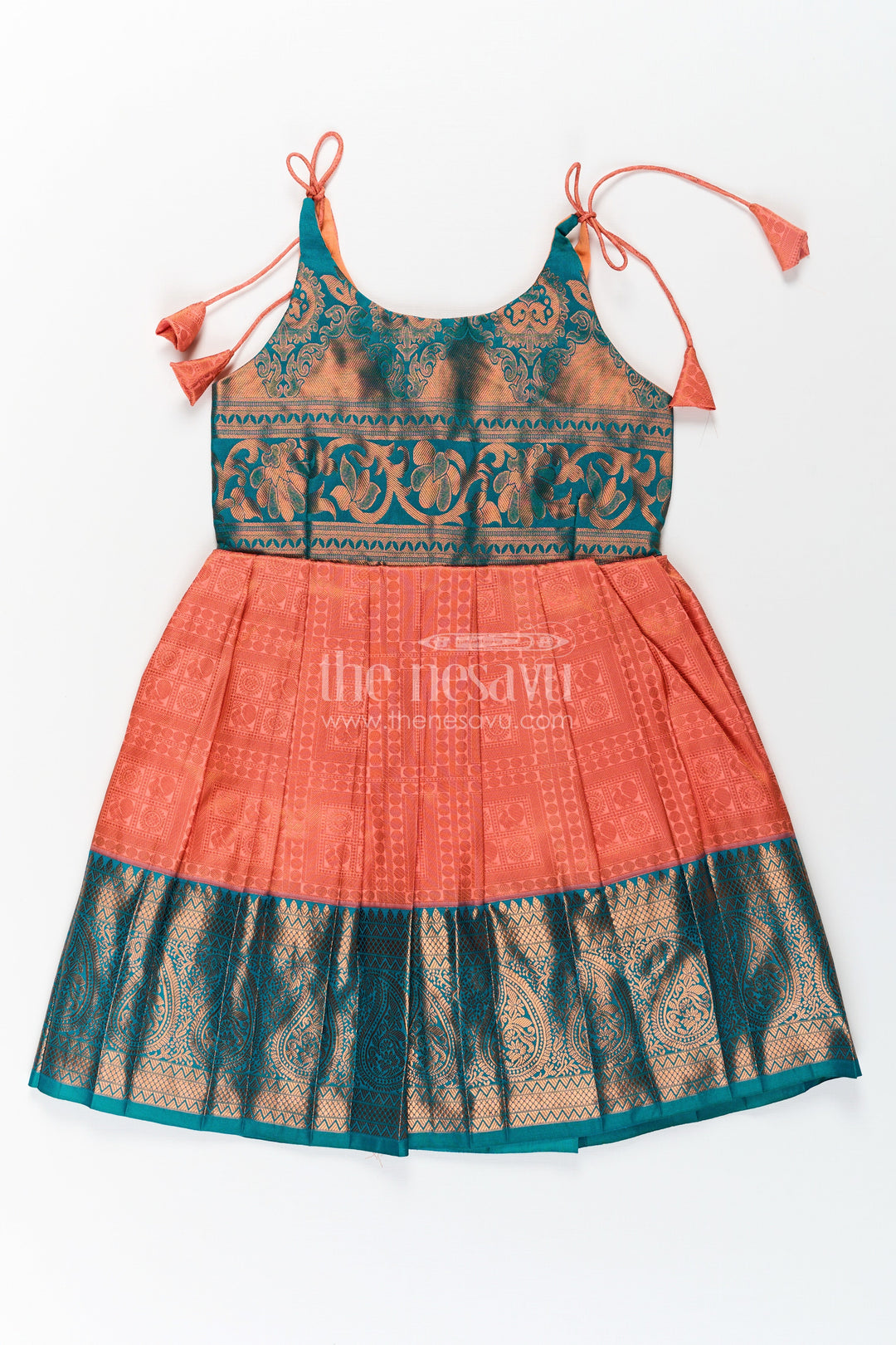 The Nesavu Tie Up Frock Girls Kanchivaram Silk Tie Up Frock in Orange and Teal with Traditional Zari Weave and Shoulder Tassels Nesavu 20 (3Y) / Green / Style 1 SF832AA-20 Nesavu Kanchivaram Silk Tie Up Frock for Girls in Orange and Teal with Traditional Zari Design