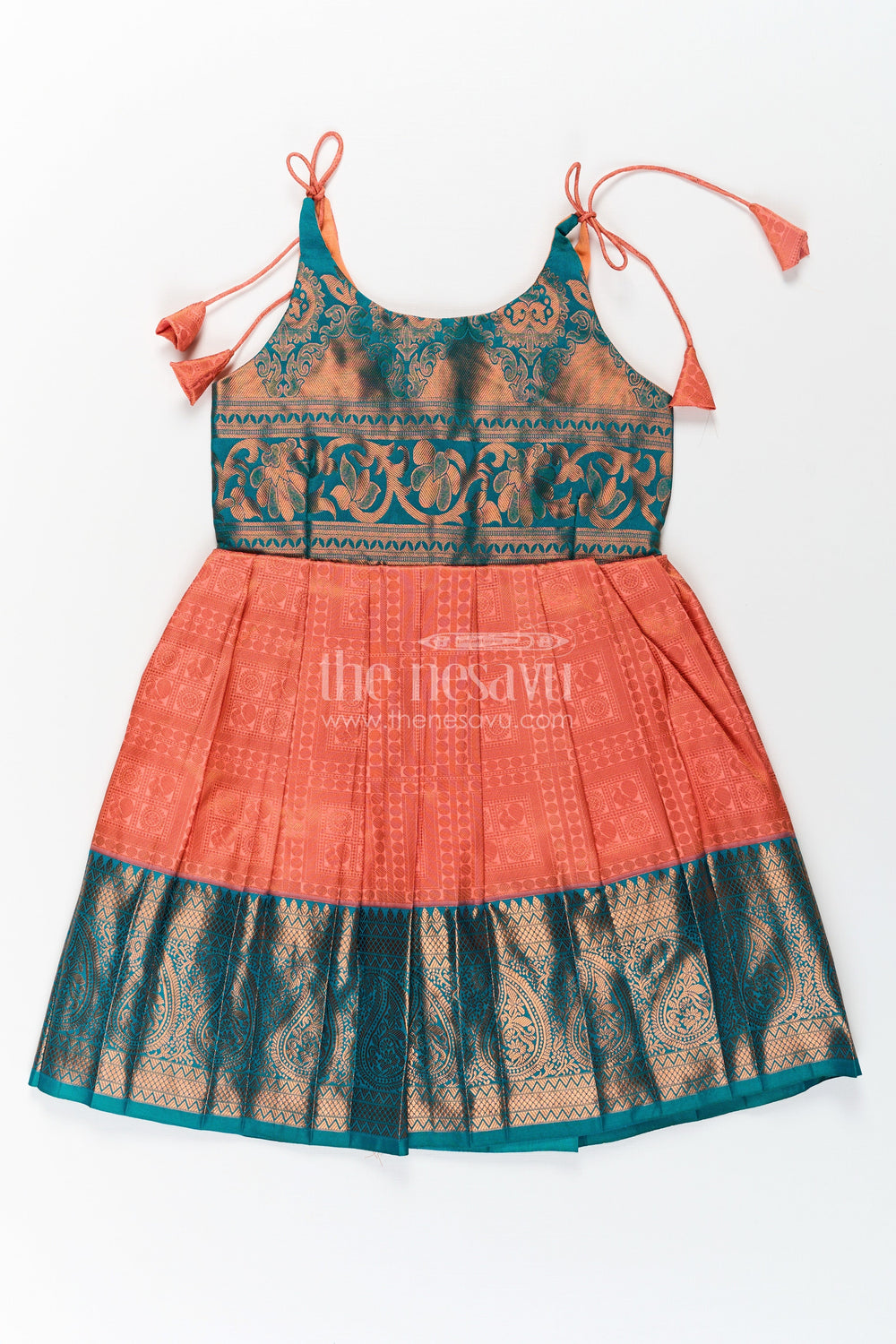 The Nesavu Tie Up Frock Girls Kanchivaram Silk Tie Up Frock in Orange and Teal with Traditional Zari Weave and Shoulder Tassels Nesavu 20 (3Y) / Green / Style 1 SF832AA-20 Nesavu Kanchivaram Silk Tie Up Frock for Girls in Orange and Teal with Traditional Zari Design