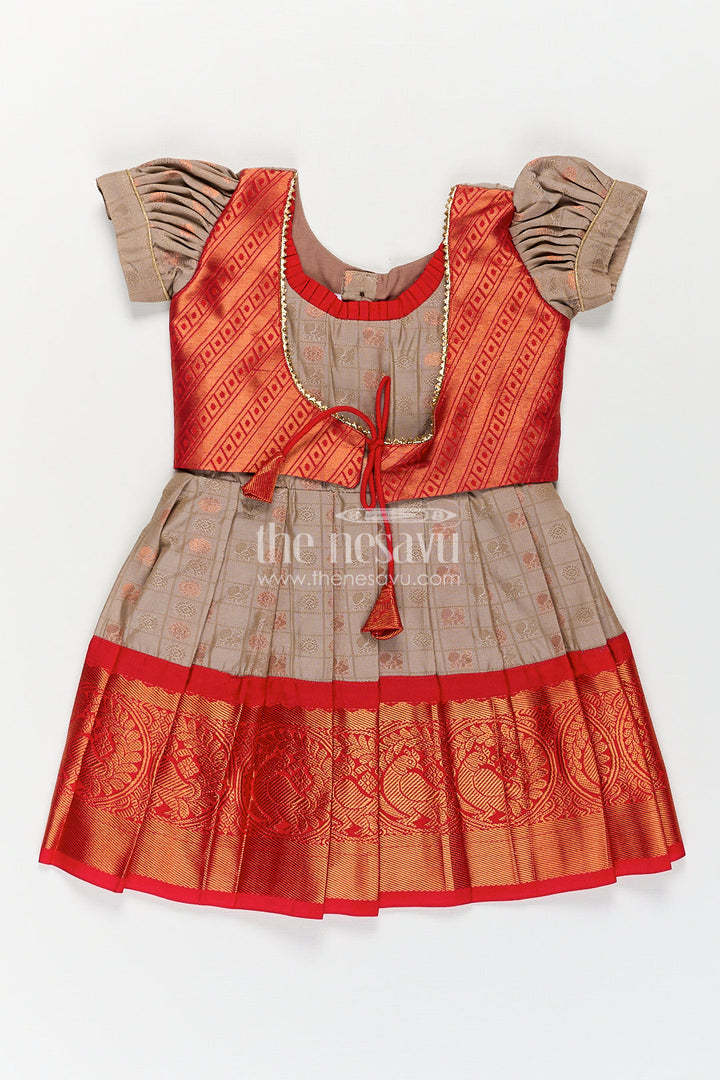 The Nesavu Girls Kanchi Silk Frock Girls Kanchivaram Soft Silk Frocks with Beige Body Red Puff Sleeves and Rich Zari Woven Hemline Nesavu 16 (1Y) / Gray / Style 1 SF836CA-16 Nesavu Girls Soft Silk Frocks Beige Red Kanchivaram Style Puff Sleeves Zari Border