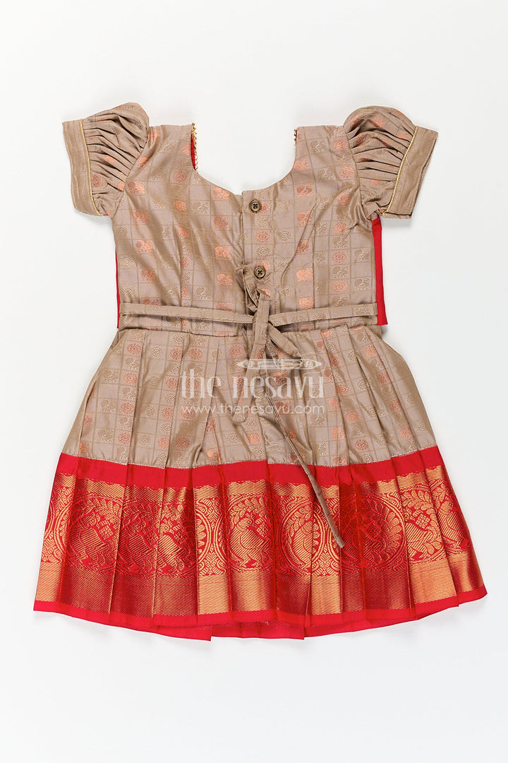 The Nesavu Girls Kanchi Silk Frock Girls Kanchivaram Soft Silk Frocks with Beige Body Red Puff Sleeves and Rich Zari Woven Hemline Nesavu Nesavu Girls Soft Silk Frocks Beige Red Kanchivaram Style Puff Sleeves Zari Border