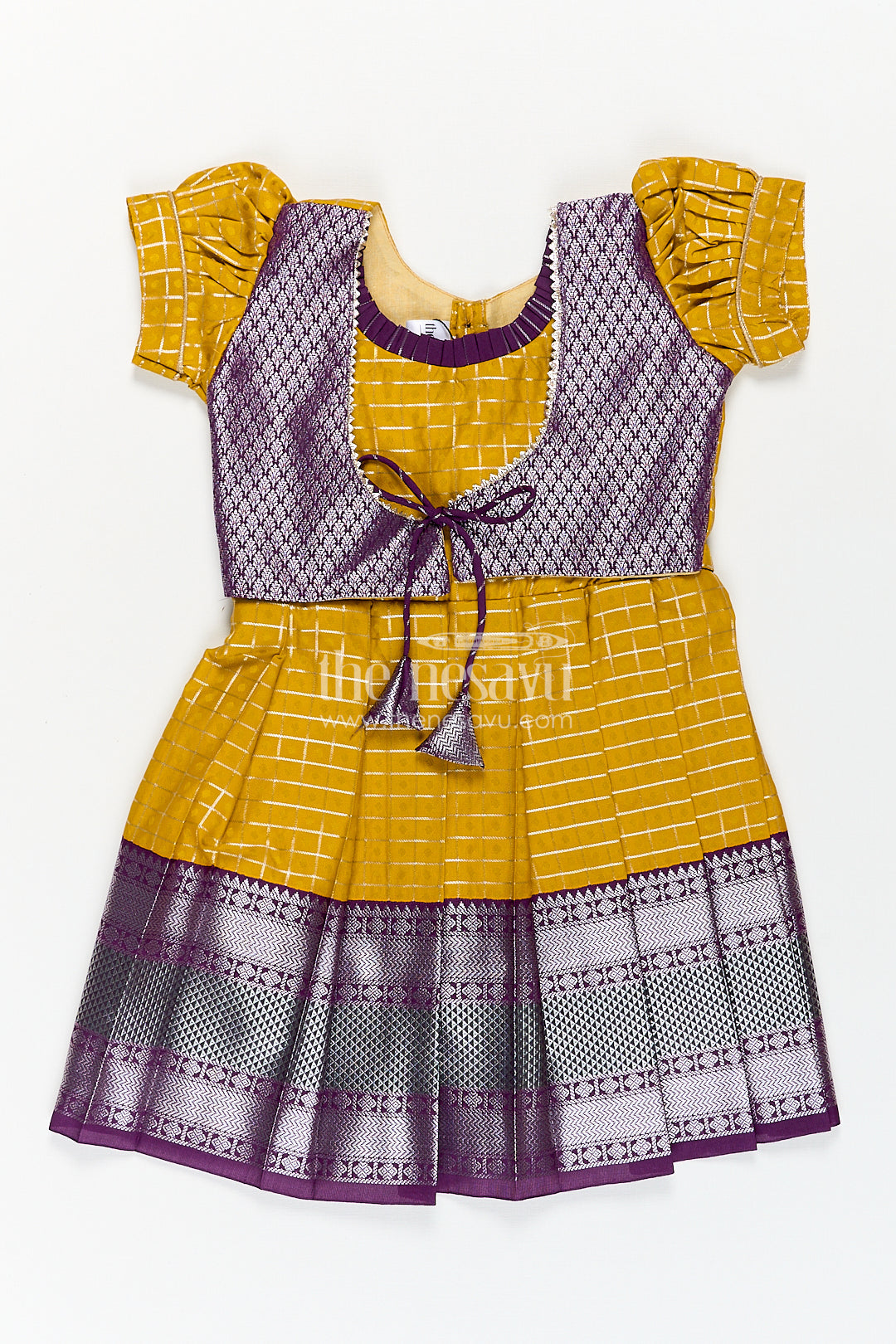 The Nesavu Girls Kanchi Silk Frock Girls Kanchivaram Traditional Dress Frock in Mustard Yellow with Puff Sleeves and Purple Zari Border Nesavu 16 (1Y) / Yellow / Style 1 SF839BA-16 Nesavu Girls Traditional Dress Frock Kanchivaram Silk Mustard Purple Zari Border Detailing
