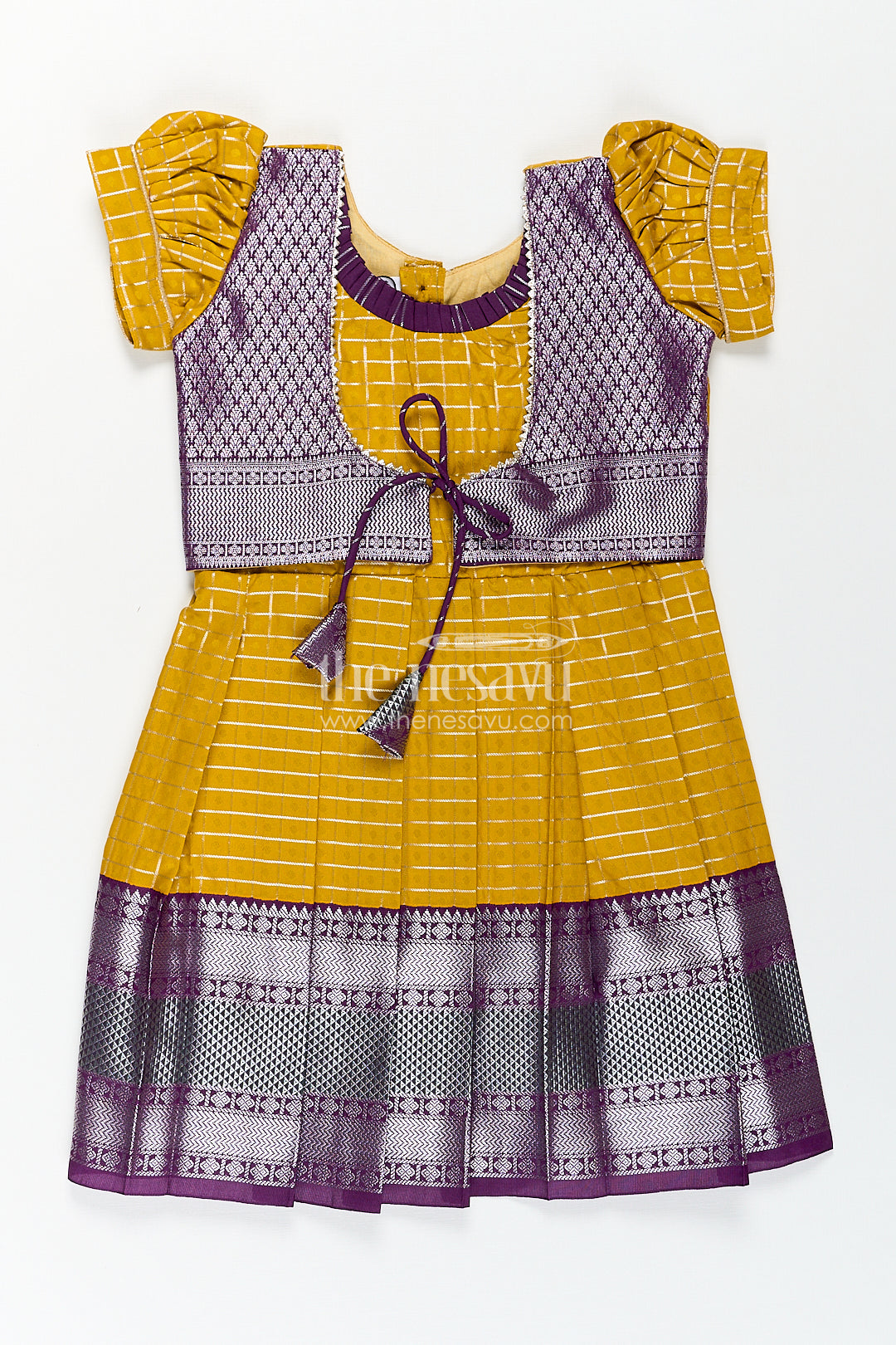 The Nesavu Girls Kanchi Silk Frock Girls Kanchivaram Traditional Dress Frock in Mustard Yellow with Puff Sleeves and Purple Zari Border Nesavu 16 (1Y) / Yellow / Style 2 SF839BB-16 Nesavu Girls Traditional Dress Frock Kanchivaram Silk Mustard Purple Zari Border Detailing
