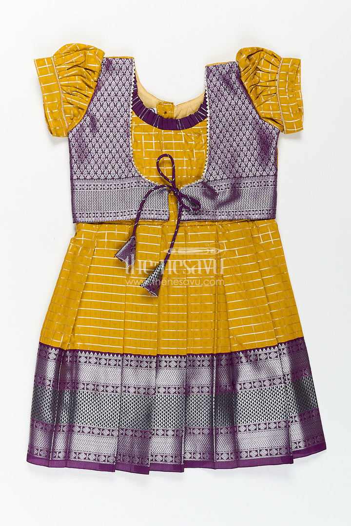 The Nesavu Girls Kanchi Silk Frock Girls Kanchivaram Traditional Dress Frock in Mustard Yellow with Puff Sleeves and Purple Zari Border Nesavu 16 (1Y) / Yellow / Style 2 SF839BB-16 Nesavu Girls Traditional Dress Frock Kanchivaram Silk Mustard Purple Zari Border Detailing