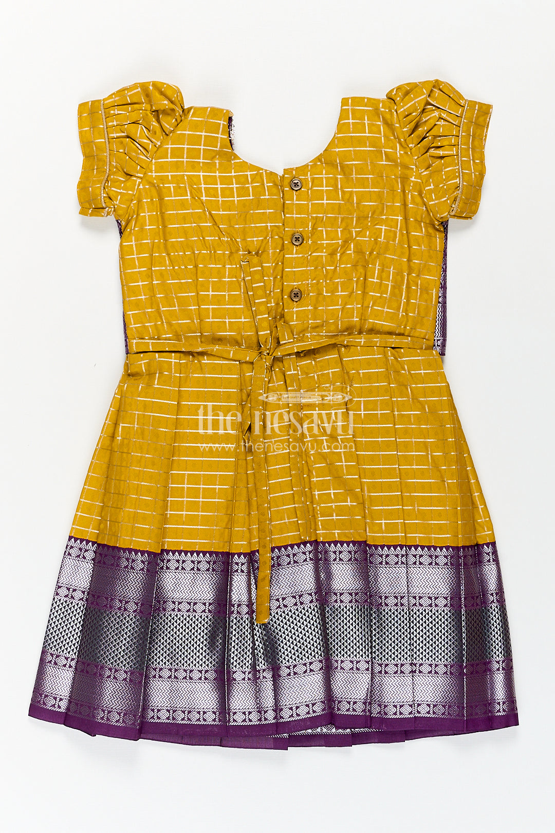 The Nesavu Girls Kanchi Silk Frock Girls Kanchivaram Traditional Dress Frock in Mustard Yellow with Puff Sleeves and Purple Zari Border Nesavu Nesavu Girls Traditional Dress Frock Kanchivaram Silk Mustard Purple Zari Border Detailing