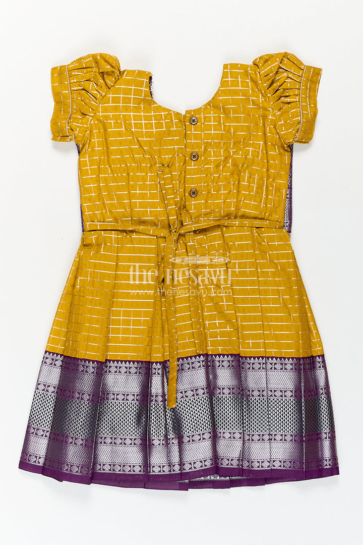 The Nesavu Girls Kanchi Silk Frock Girls Kanchivaram Traditional Dress Frock in Mustard Yellow with Puff Sleeves and Purple Zari Border Nesavu Nesavu Girls Traditional Dress Frock Kanchivaram Silk Mustard Purple Zari Border Detailing