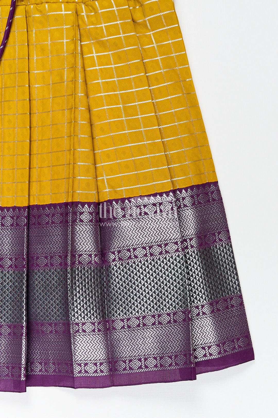 The Nesavu Girls Kanchi Silk Frock Girls Kanchivaram Traditional Dress Frock in Mustard Yellow with Puff Sleeves and Purple Zari Border Nesavu Nesavu Girls Traditional Dress Frock Kanchivaram Silk Mustard Purple Zari Border Detailing
