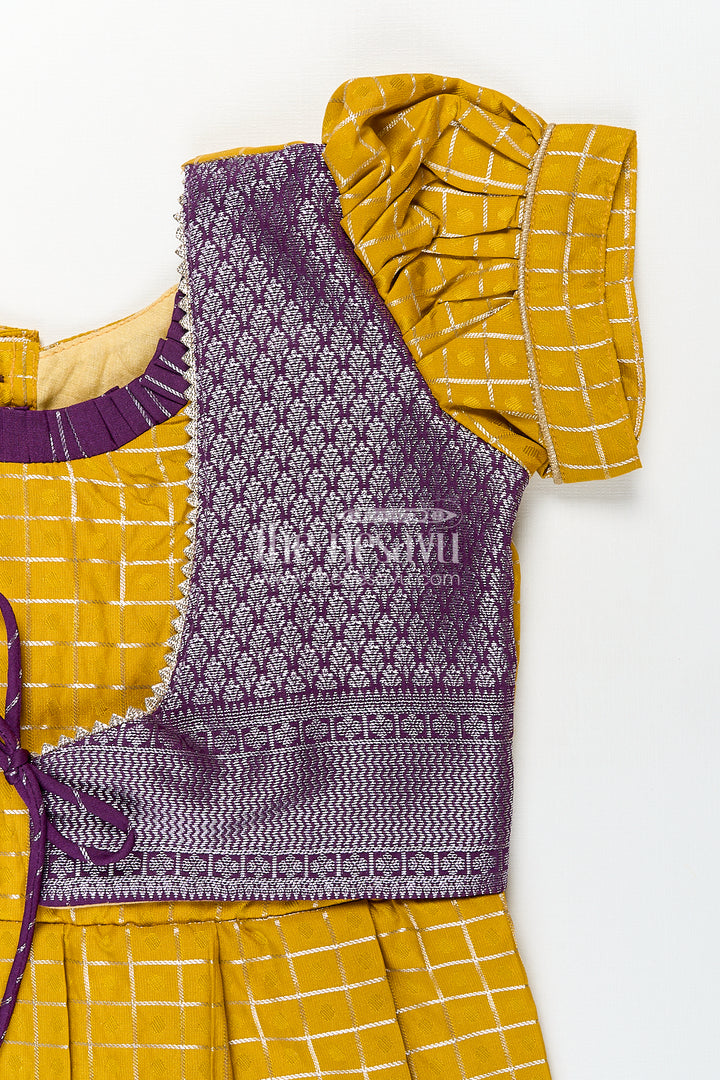 The Nesavu Girls Kanchi Silk Frock Girls Kanchivaram Traditional Dress Frock in Mustard Yellow with Puff Sleeves and Purple Zari Border Nesavu Nesavu Girls Traditional Dress Frock Kanchivaram Silk Mustard Purple Zari Border Detailing