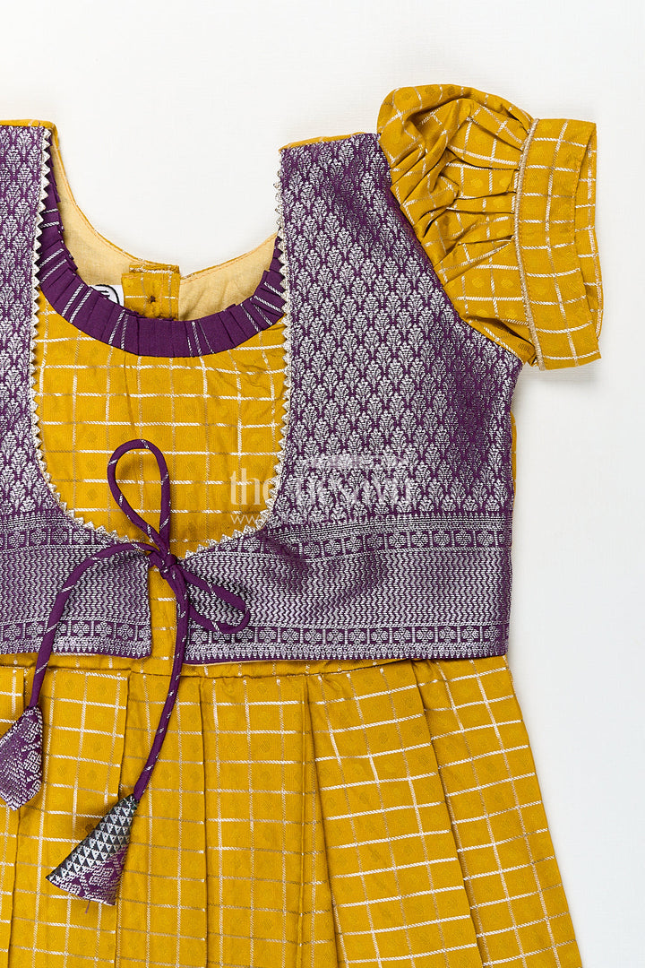 The Nesavu Girls Kanchi Silk Frock Girls Kanchivaram Traditional Dress Frock in Mustard Yellow with Puff Sleeves and Purple Zari Border Nesavu Nesavu Girls Traditional Dress Frock Kanchivaram Silk Mustard Purple Zari Border Detailing