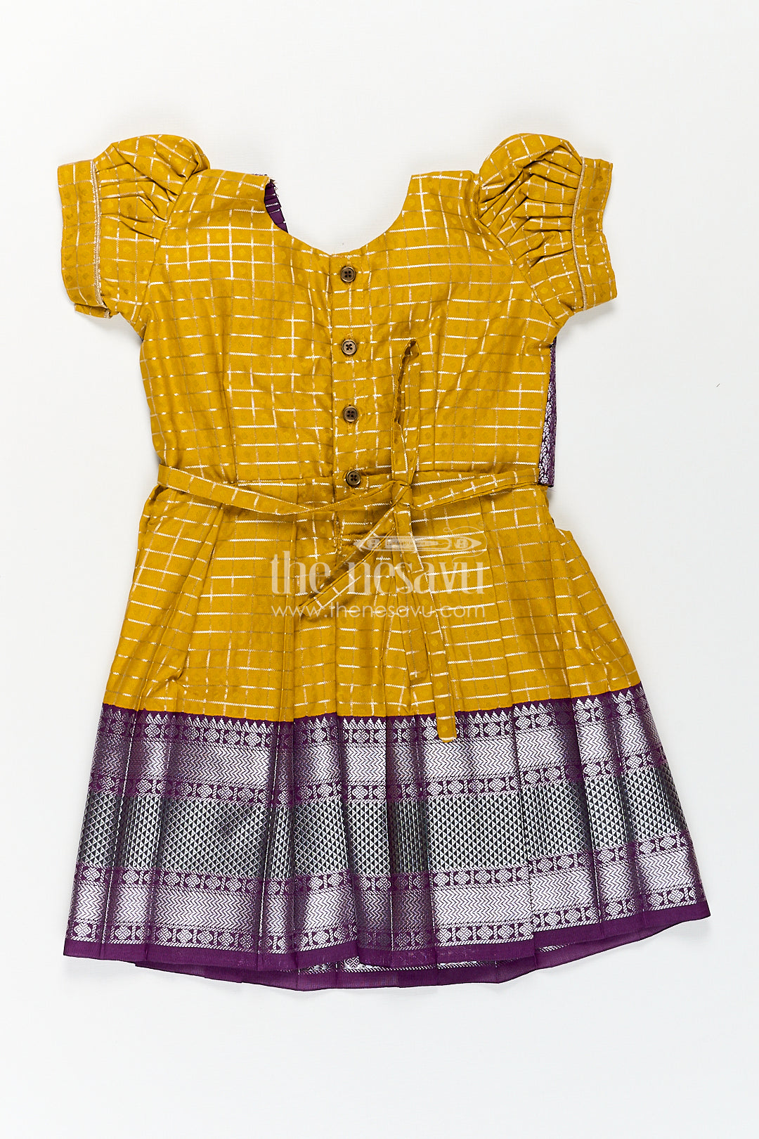 The Nesavu Girls Kanchi Silk Frock Girls Kanchivaram Traditional Dress Frock in Mustard Yellow with Puff Sleeves and Purple Zari Border Nesavu Nesavu Girls Traditional Dress Frock Kanchivaram Silk Mustard Purple Zari Border Detailing
