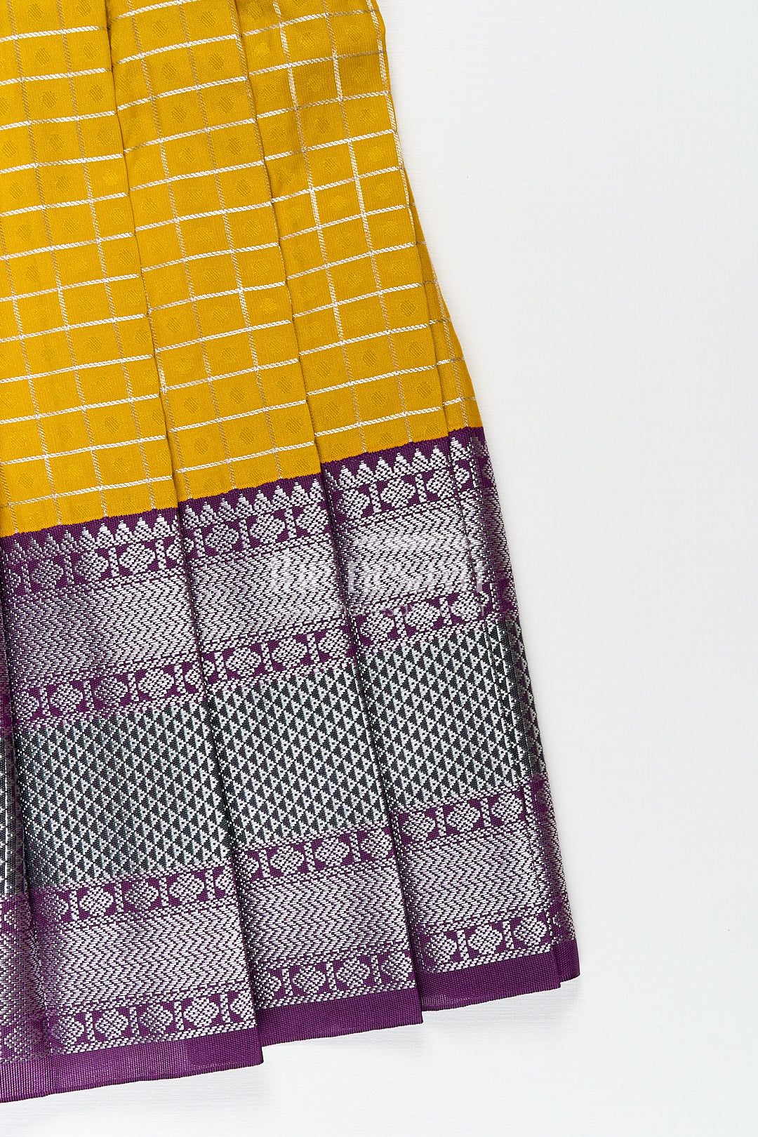 The Nesavu Girls Kanchi Silk Frock Girls Kanchivaram Traditional Dress Frock in Mustard Yellow with Puff Sleeves and Purple Zari Border Nesavu Nesavu Girls Traditional Dress Frock Kanchivaram Silk Mustard Purple Zari Border Detailing