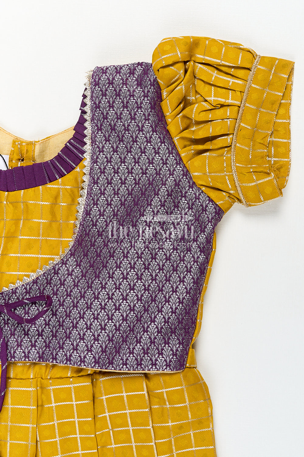 The Nesavu Girls Kanchi Silk Frock Girls Kanchivaram Traditional Dress Frock in Mustard Yellow with Puff Sleeves and Purple Zari Border Nesavu Nesavu Girls Traditional Dress Frock Kanchivaram Silk Mustard Purple Zari Border Detailing