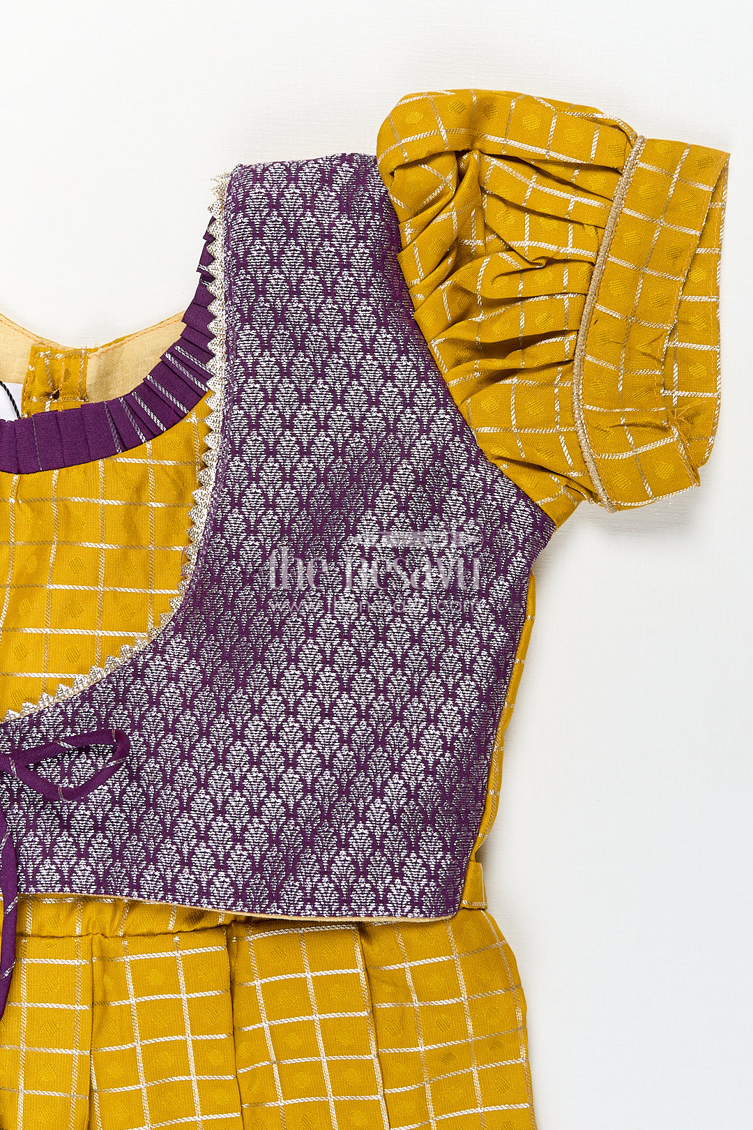 The Nesavu Girls Kanchi Silk Frock Girls Kanchivaram Traditional Dress Frock in Mustard Yellow with Puff Sleeves and Purple Zari Border Nesavu Nesavu Girls Traditional Dress Frock Kanchivaram Silk Mustard Purple Zari Border Detailing
