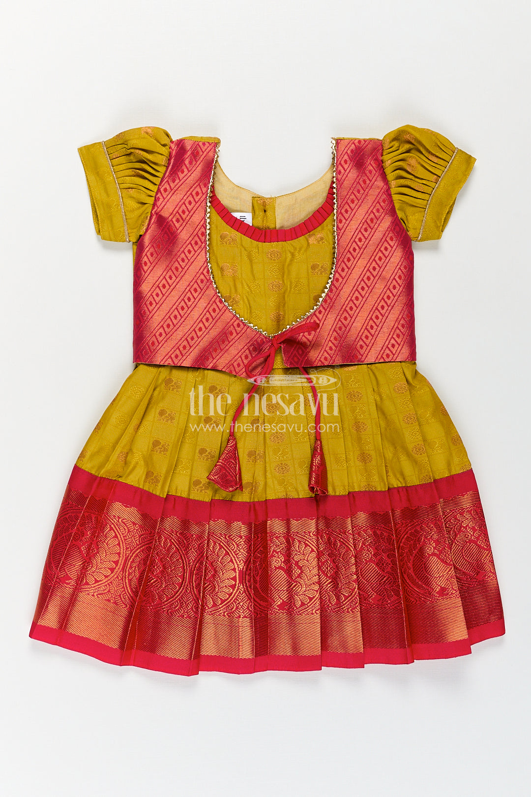 The Nesavu Girls Kanchi Silk Frock Girls Kanchivaram Yellow Silk Frock with Puff Sleeves and Contrast Maroon Zari Woven Border Design Nesavu 16 (1Y) / Yellow / Style 1 SF836AA-16 Nesavu Girls Yellow Silk Frock Kanchivaram Style Maroon Zari Border Puff Sleeve Detailing