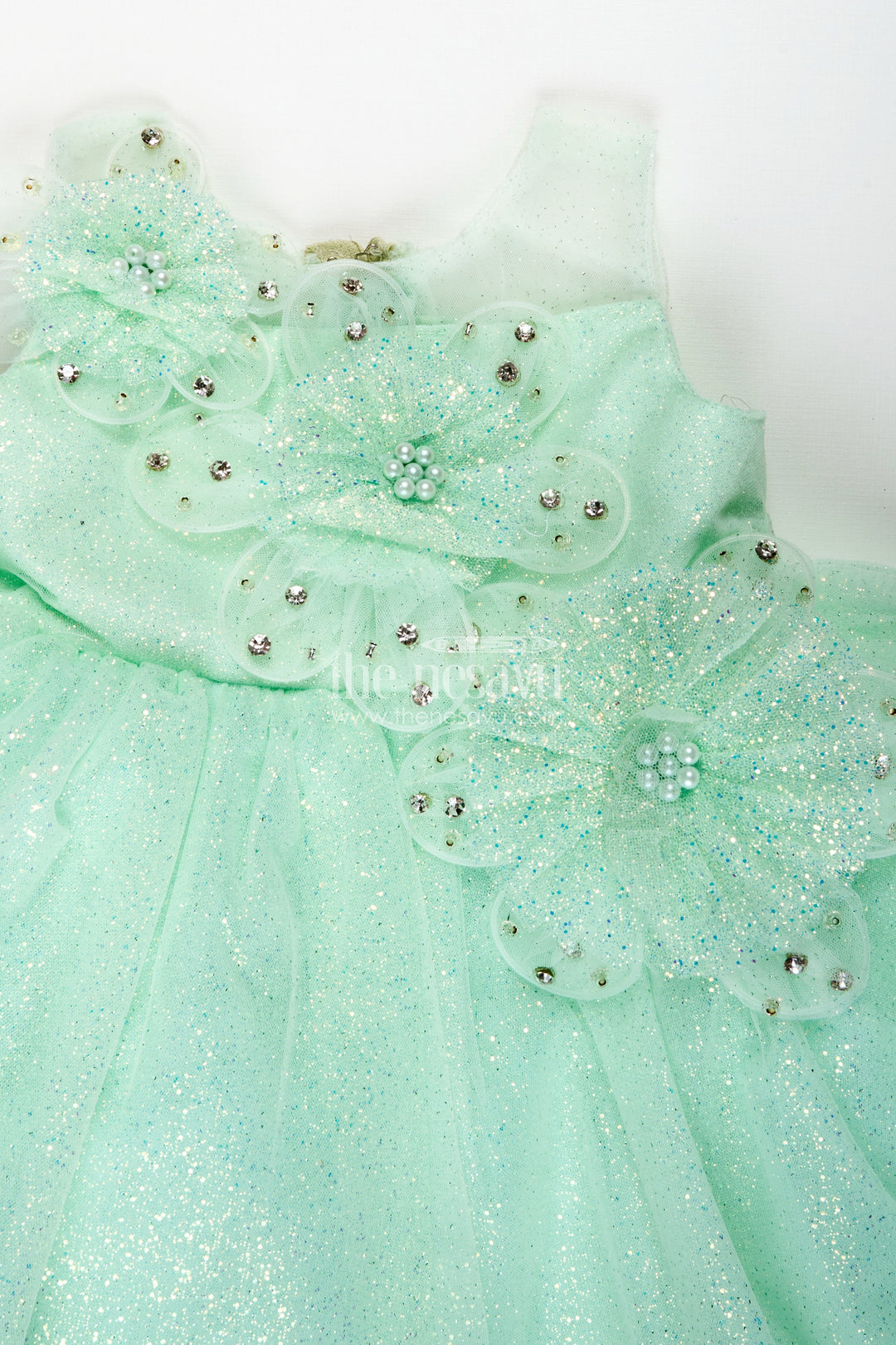 The Nesavu Girls Fancy Party Frock Girls Lace Party Dress Elegant Outfit For Celebrations Nesavu Nesavu Mint Green Lace Girls Party Frock Glitter Tulle Floral Appliqu Detailing