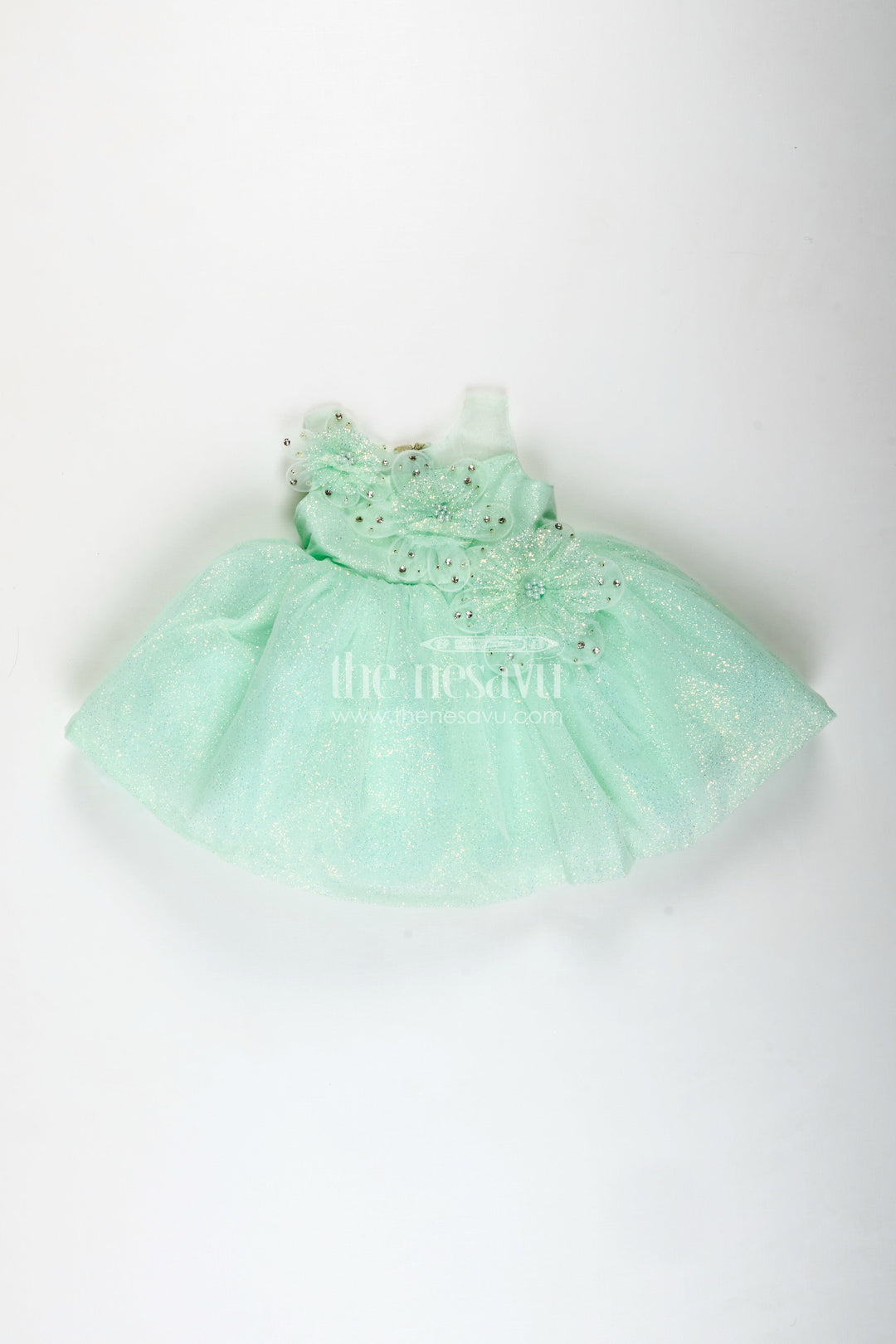 The Nesavu Girls Fancy Party Frock Girls Lace Party Dress Elegant Outfit For Celebrations Nesavu Nesavu Mint Green Lace Girls Party Frock Glitter Tulle Floral Appliqu Detailing
