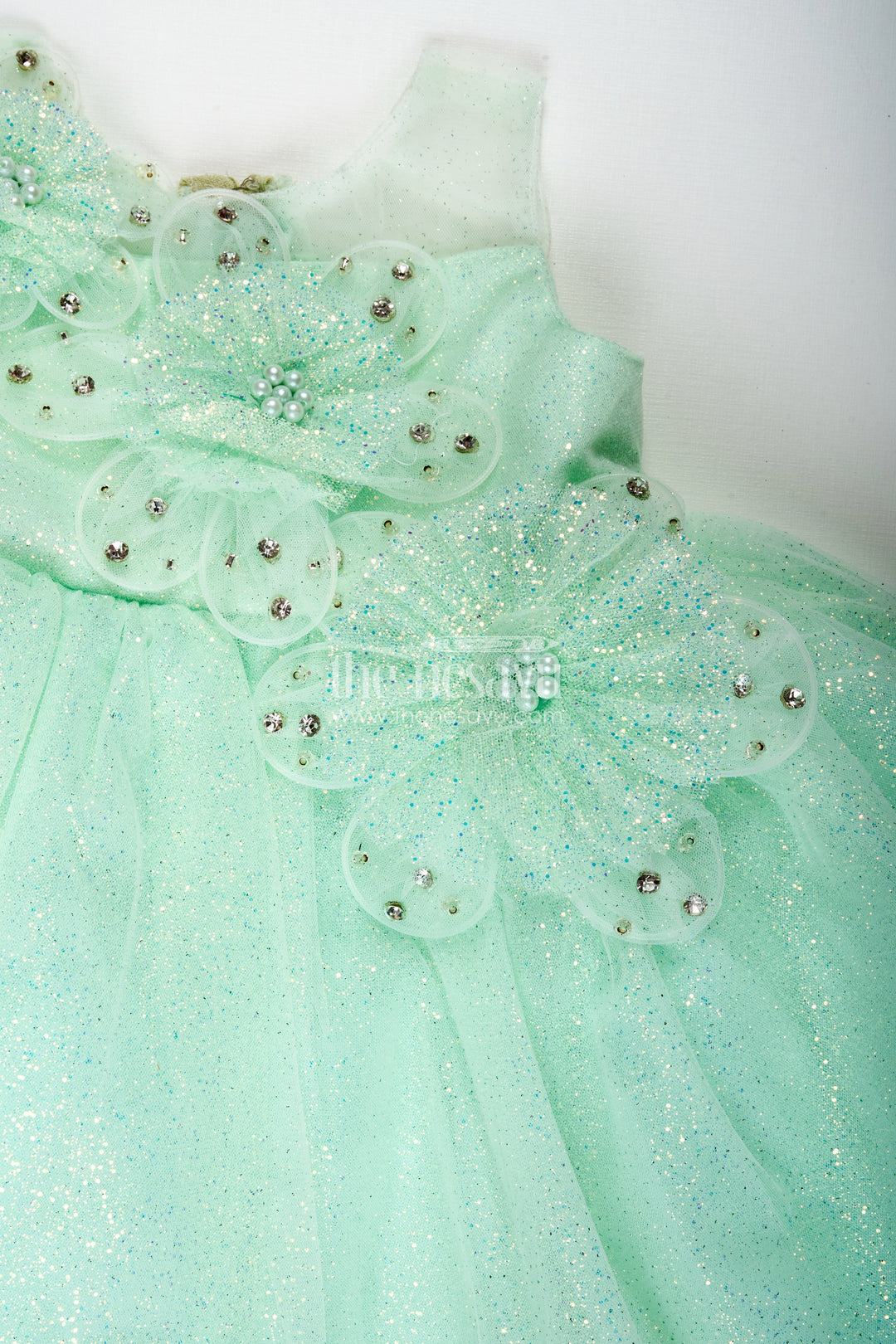 The Nesavu Girls Fancy Party Frock Girls Lace Party Dress Elegant Outfit for Celebrations Nesavu Nesavu Mint Green Lace Girls Party Frock Glitter Tulle Floral Appliqu Detailing