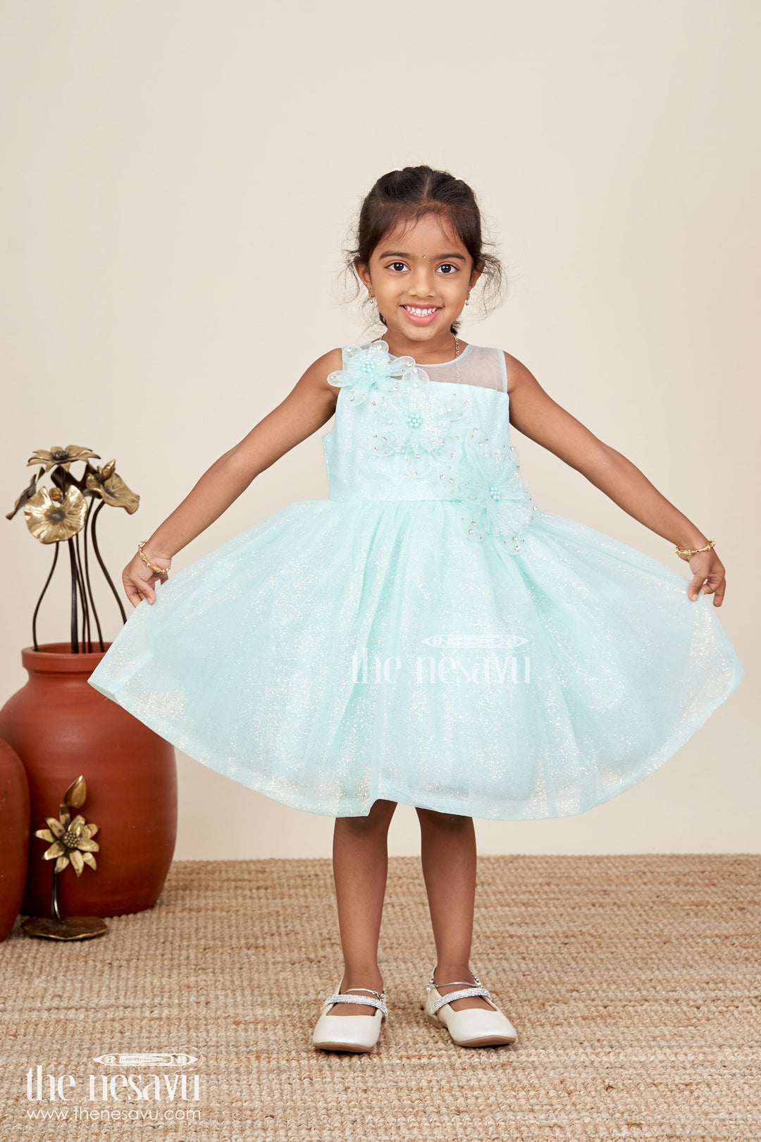 The Nesavu Girls Fancy Party Frock Girls Lace Party Dress Elegant Outfit For Celebrations Nesavu Nesavu Mint Green Lace Girls Party Frock Glitter Tulle Floral Appliqu Detailing