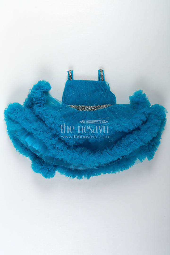 The Nesavu Girls Fancy Party Frock Girls Latest Frock Design in Blue Soft Net with Stone Embellished Belt and Ruffled Skirt Nesavu Nesavu Girls Latest Frock Design Blue Soft Net Stone Belt Ruffle Layers