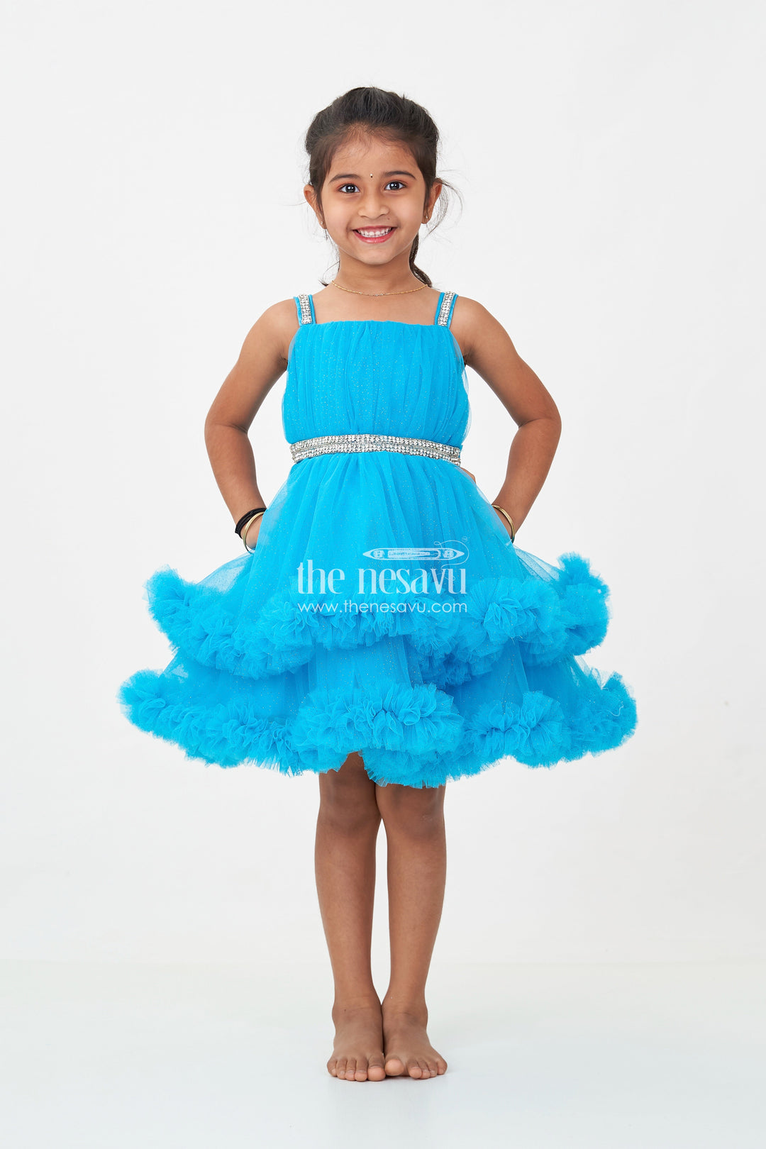 The Nesavu Girls Fancy Party Frock Girls Latest Frock Design in Blue Soft Net with Stone Embellished Belt and Ruffled Skirt Nesavu Nesavu Girls Latest Frock Design Blue Soft Net Stone Belt Ruffle Layers