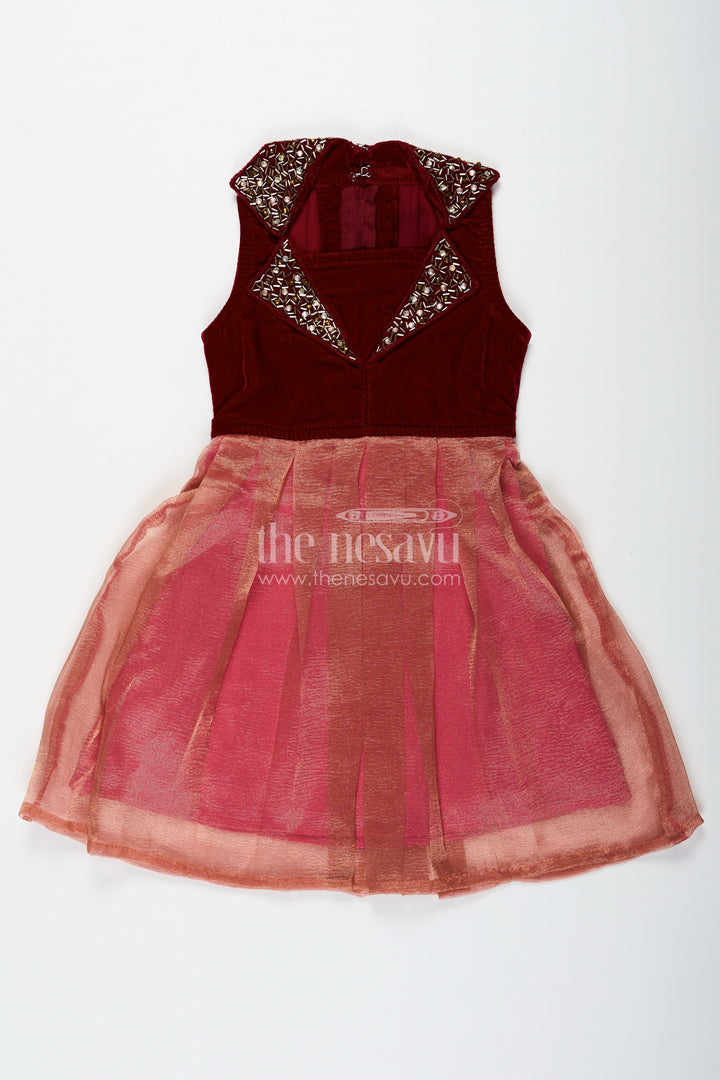 The Nesavu Silk Frock Girls Latest Frocks in Velvet with Kundan Collar and Tissue Flared Skirt for Stylish Party Wear Nesavu Nesavu Girls Latest Frocks Velvet Kundan Work Collar Pleated Tissue Skirt