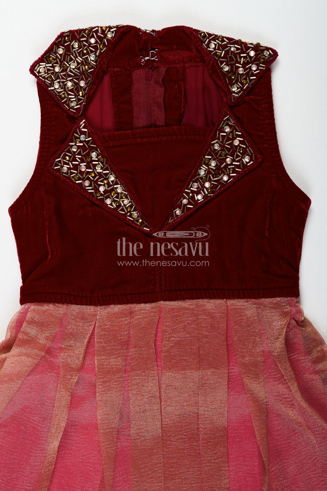 The Nesavu Silk Frock Girls Latest Frocks in Velvet with Kundan Collar and Tissue Flared Skirt for Stylish Party Wear Nesavu Nesavu Girls Latest Frocks Velvet Kundan Work Collar Pleated Tissue Skirt