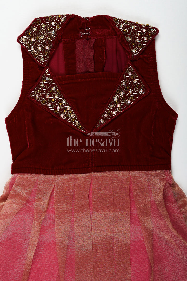 The Nesavu Silk Frock Girls Latest Frocks in Velvet with Kundan Collar and Tissue Flared Skirt for Stylish Party Wear Nesavu Nesavu Girls Latest Frocks Velvet Kundan Work Collar Pleated Tissue Skirt