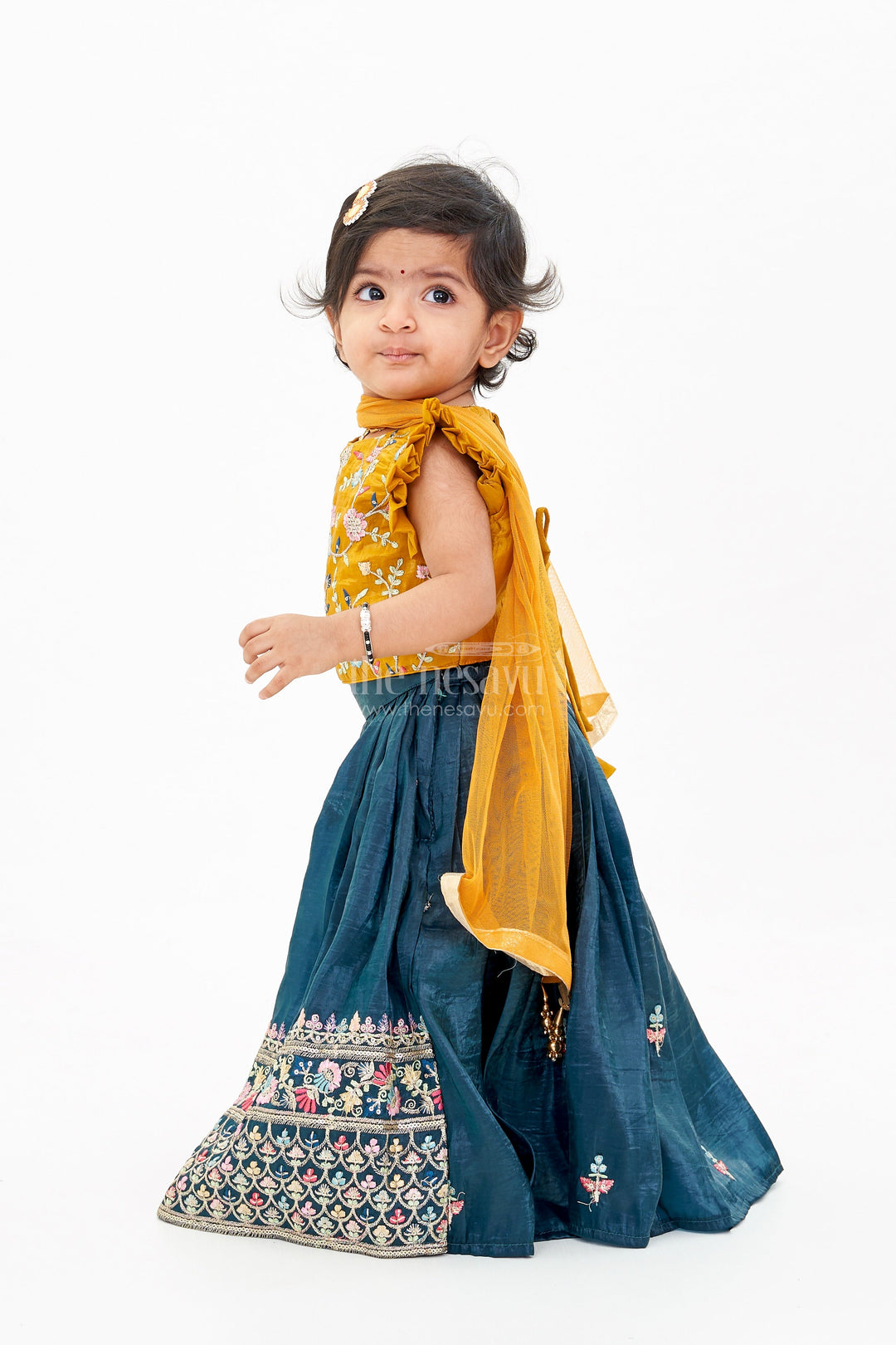 The Nesavu Girls Lehenga Choli Girls Latest Lehengas in Fashion with Mustard Embroidered Blouse and Navy Flared Skirt Nesavu 16 (1Y) / Yellow GL574A-16 Nesavu Girls Mustard Navy Embroidered Lehenga Set Mirror Work Blouse