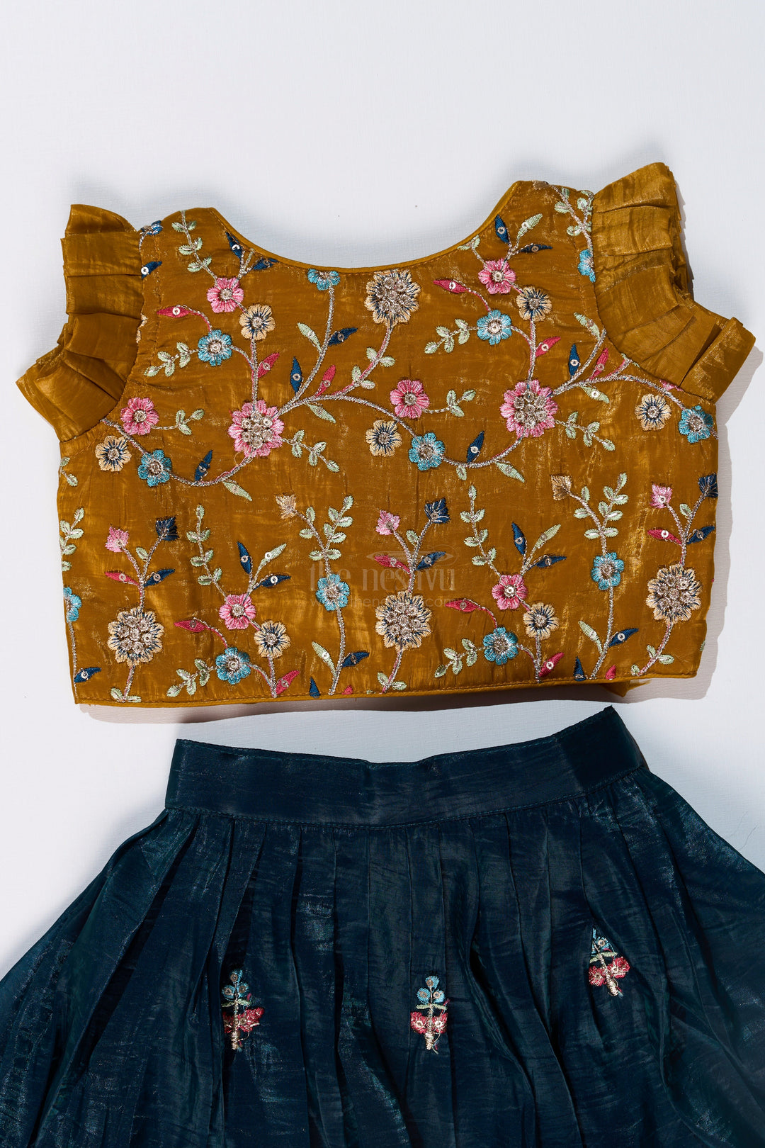 The Nesavu Girls Lehenga Choli Girls Latest Lehengas in Fashion with Mustard Embroidered Blouse and Navy Flared Skirt Nesavu Nesavu Girls Mustard Navy Embroidered Lehenga Set Mirror Work Blouse