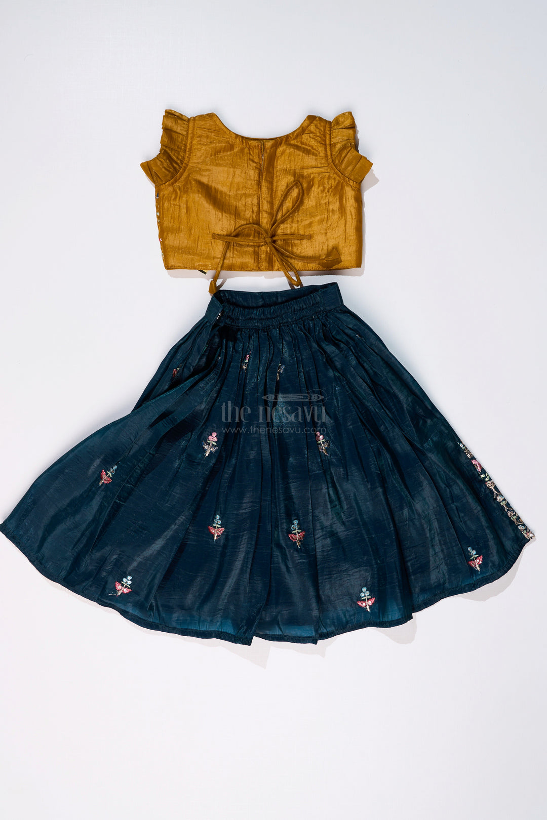 The Nesavu Girls Lehenga Choli Girls Latest Lehengas in Fashion with Mustard Embroidered Blouse and Navy Flared Skirt Nesavu Nesavu Girls Mustard Navy Embroidered Lehenga Set Mirror Work Blouse