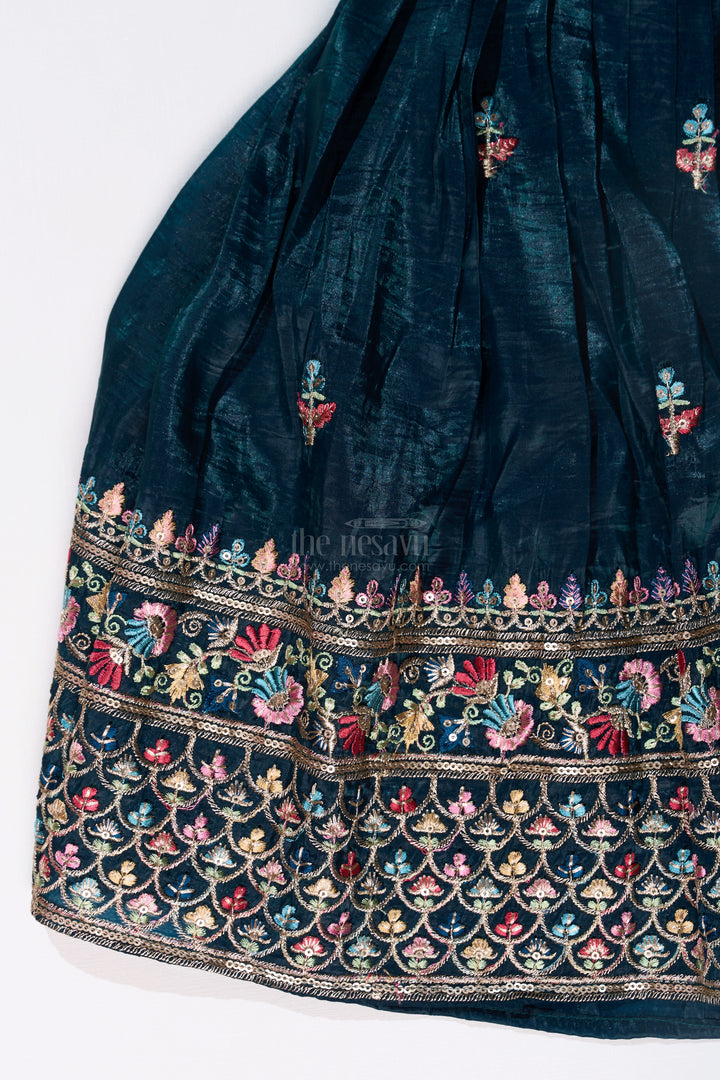 The Nesavu Girls Lehenga Choli Girls Latest Lehengas in Fashion with Mustard Embroidered Blouse and Navy Flared Skirt Nesavu Nesavu Girls Mustard Navy Embroidered Lehenga Set Mirror Work Blouse