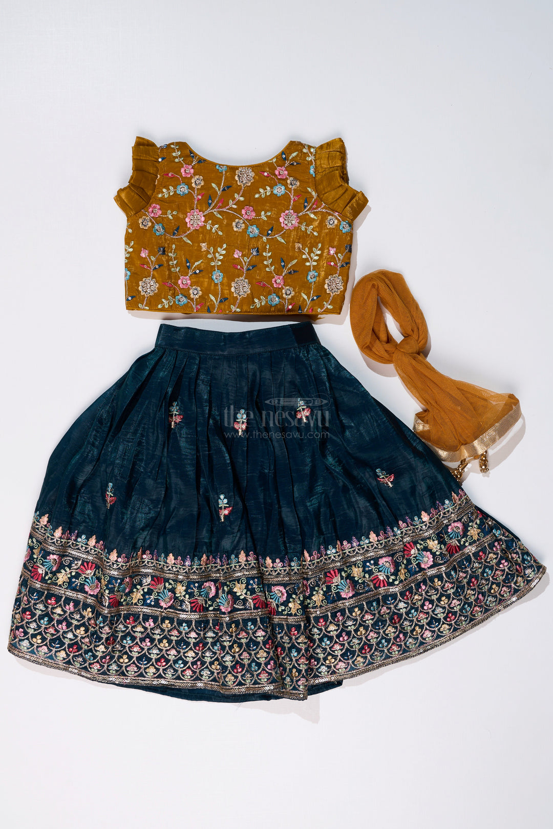 The Nesavu Girls Lehenga Choli Girls Latest Lehengas in Fashion with Mustard Embroidered Blouse and Navy Flared Skirt Nesavu Nesavu Girls Mustard Navy Embroidered Lehenga Set Mirror Work Blouse