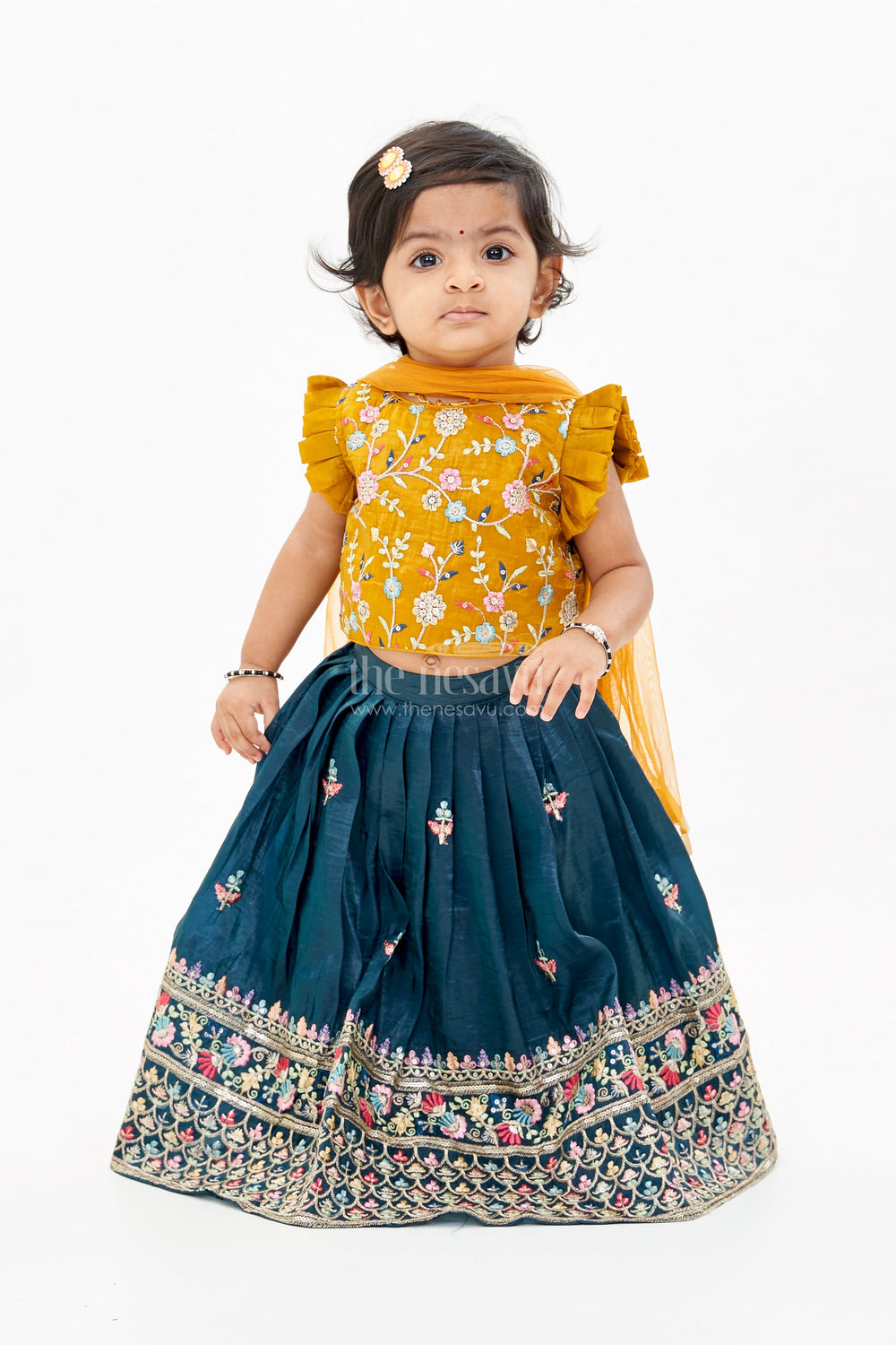 The Nesavu Girls Lehenga Choli Girls Latest Lehengas in Fashion with Mustard Embroidered Blouse and Navy Flared Skirt Nesavu Nesavu Girls Mustard Navy Embroidered Lehenga Set Mirror Work Blouse