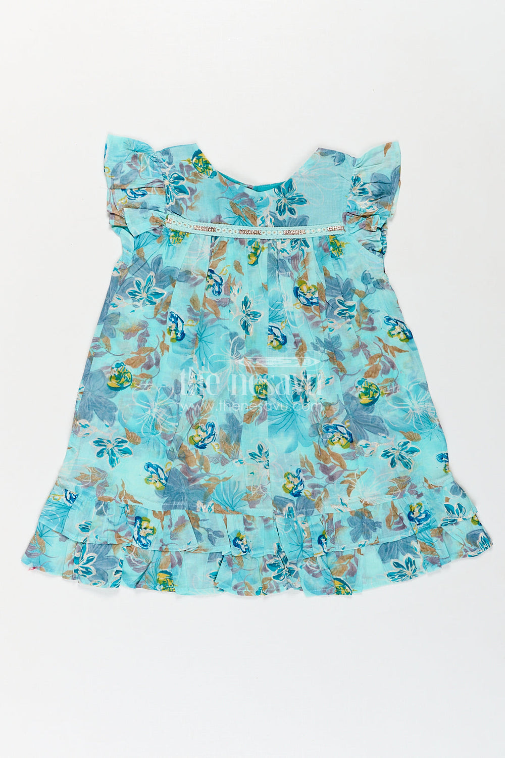 The Nesavu Girls Fancy Frock Girls Latest New Design Frock in Aqua Rayon with Floral Digital Print and Flowy Ruffle Details Nesavu 18 (2Y) / Blue GFC1764A-18 Nesavu Girls Latest New Design Frock Aqua Rayon Floral Print Ruffle Hem