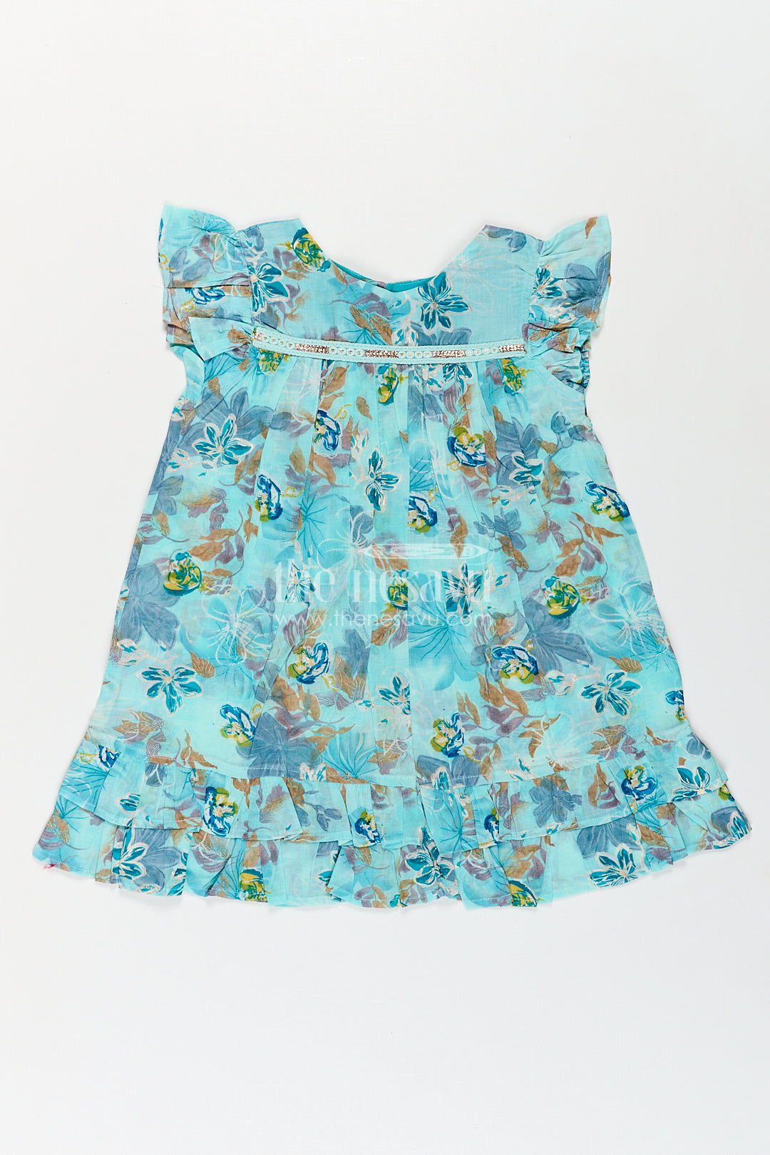 The Nesavu Girls Fancy Frock Girls Latest New Design Frock in Aqua Rayon with Floral Digital Print and Flowy Ruffle Details Nesavu 18 (2Y) / Blue GFC1764A-18 Nesavu Girls Latest New Design Frock Aqua Rayon Floral Print Ruffle Hem