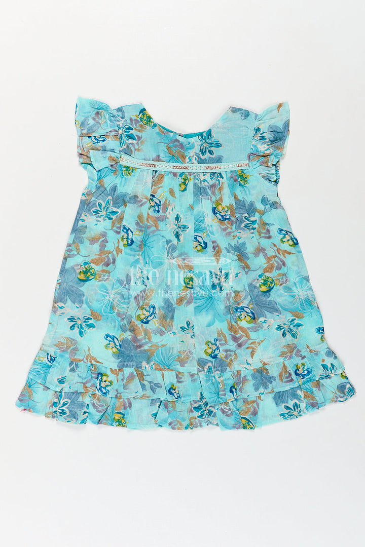 The Nesavu Girls Fancy Frock Girls Latest New Design Frock in Aqua Rayon with Floral Digital Print and Flowy Ruffle Details Nesavu 18 (2Y) / Blue GFC1764A-18 Nesavu Girls Latest New Design Frock Aqua Rayon Floral Print Ruffle Hem