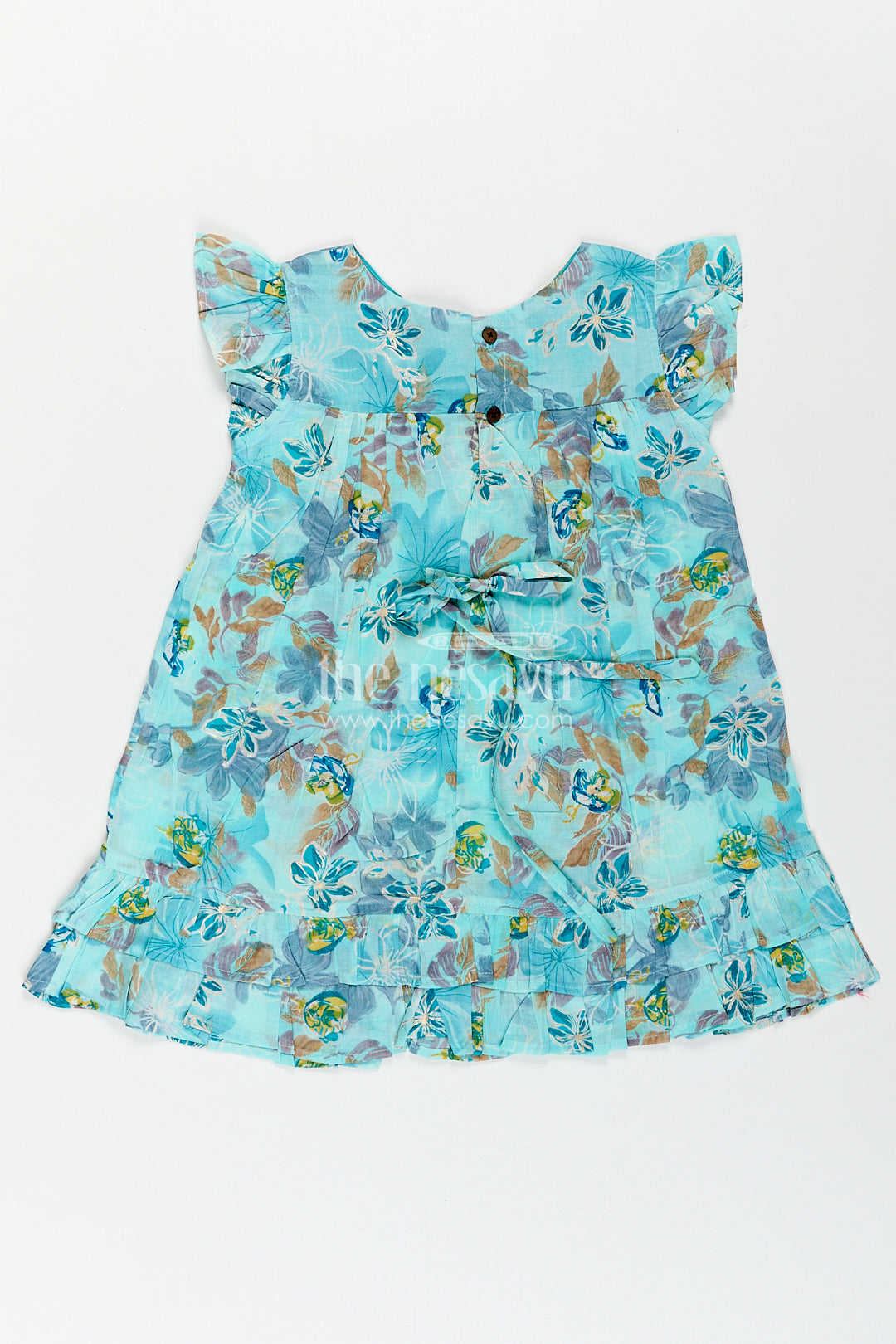 The Nesavu Girls Fancy Frock Girls Latest New Design Frock in Aqua Rayon with Floral Digital Print and Flowy Ruffle Details Nesavu Nesavu Girls Latest New Design Frock Aqua Rayon Floral Print Ruffle Hem