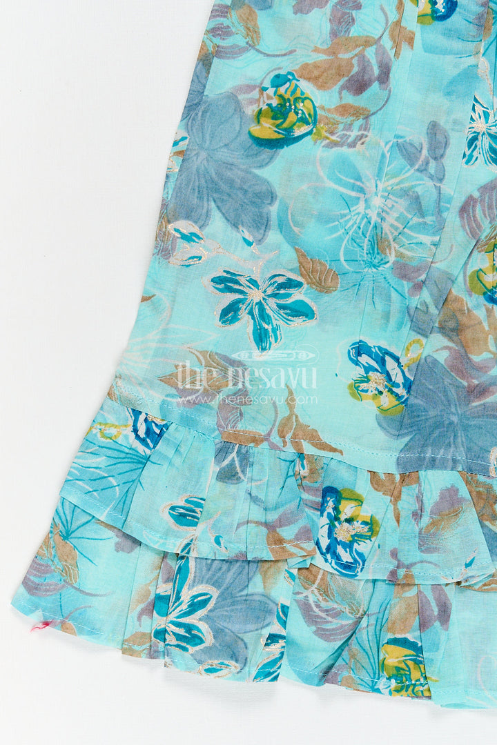 The Nesavu Girls Fancy Frock Girls Latest New Design Frock in Aqua Rayon with Floral Digital Print and Flowy Ruffle Details Nesavu Nesavu Girls Latest New Design Frock Aqua Rayon Floral Print Ruffle Hem